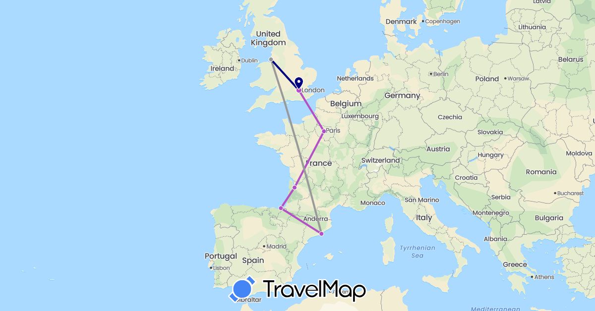 TravelMap itinerary: driving, plane, train in Spain, France, United Kingdom (Europe)